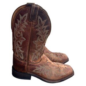 Tony Lama Mens Brown Leather Western Cowboy Boots 7.5 D With Embroidered Design